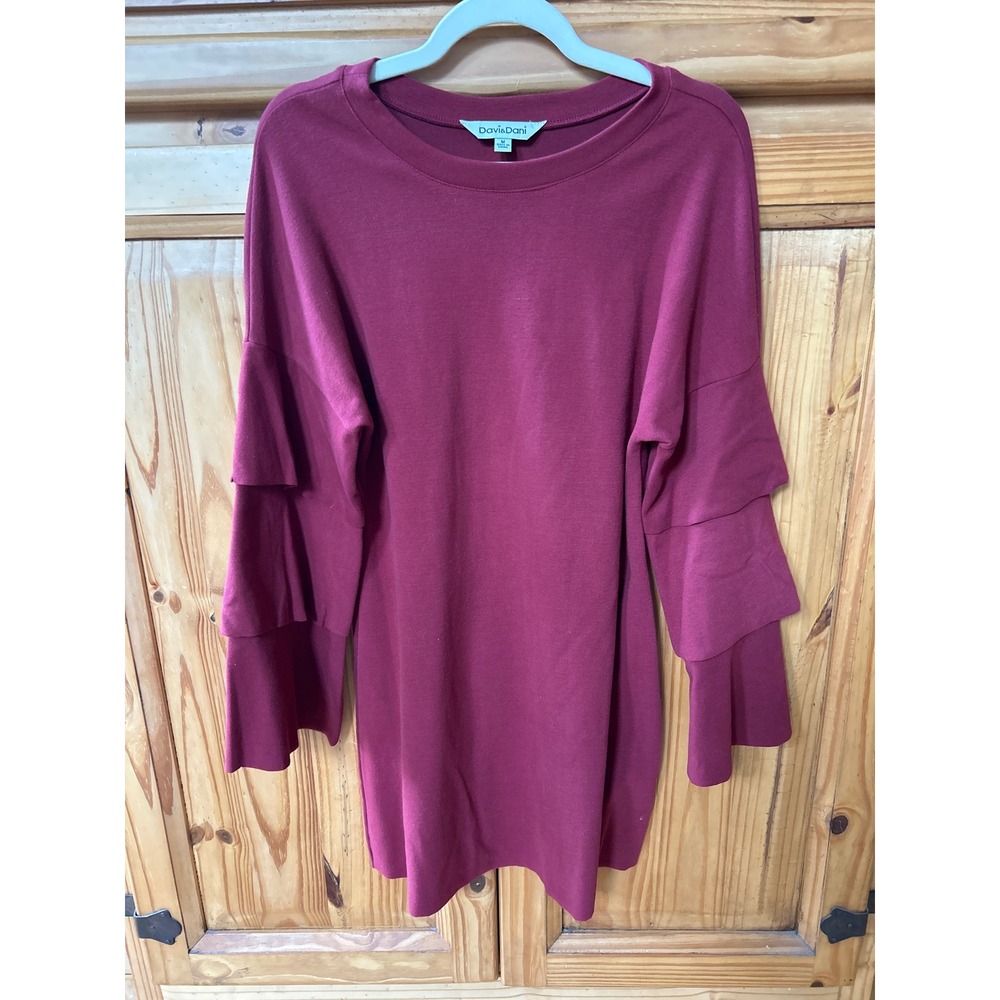 Davi & Dani Burgundy Tiered Ruffle Sleeve Tunic Top Mini Dress Wine Red Medium